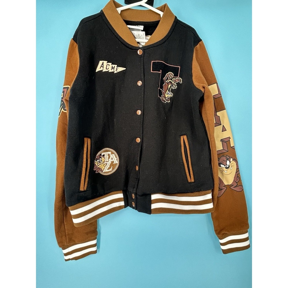Looney Tunes Taz Acme Varsity Jacket Brown Black Bomber Youth 14 16